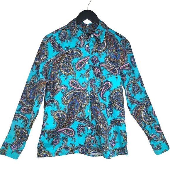 Talbots Turquoise Black Paisley Button up Long Sleeve Blouse - Picture 1 of 7
